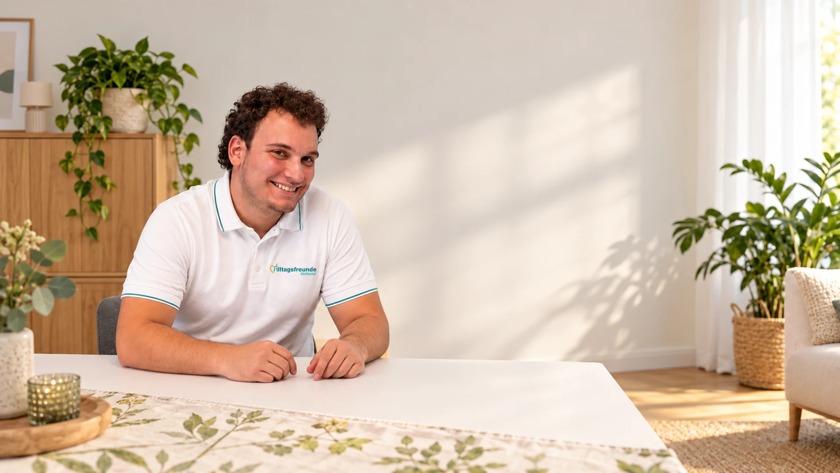 Ein Alltagsfreund sitzt lächelnd am Esstisch, die Hände offen auf dem Tisch