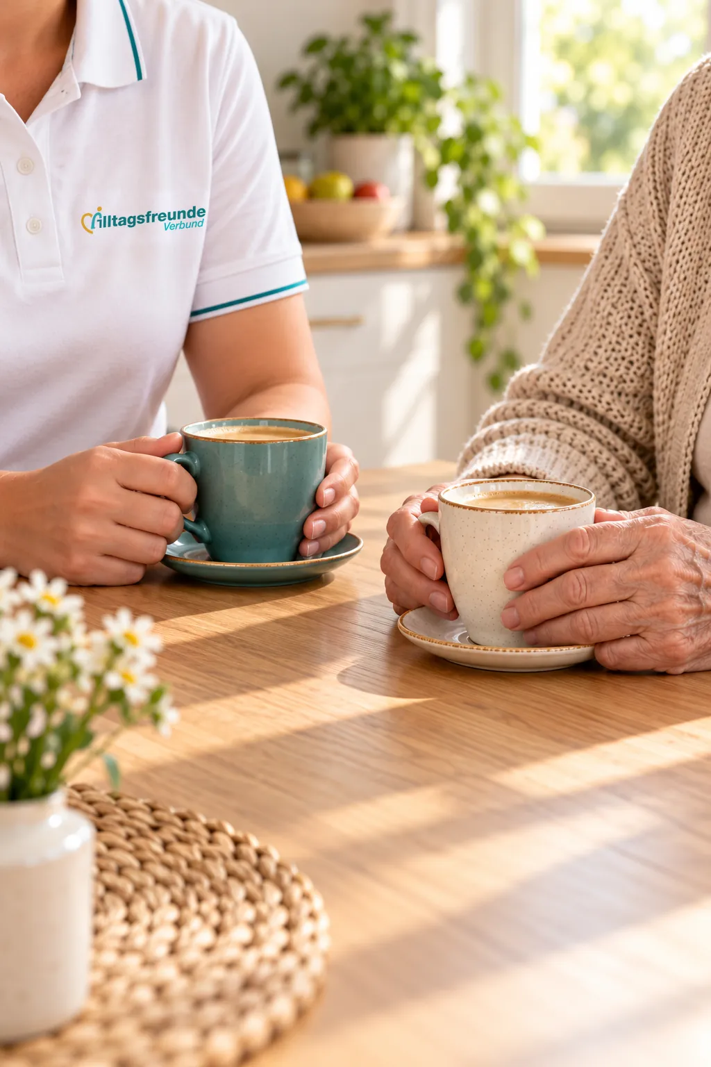 Eine Alltagsfreundin und eine Seniorin trinken Kaffee am Küchentisch