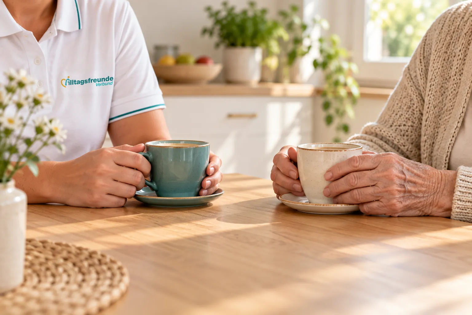 Alltagsfreund und Seniorin trinken gemeinsam Kaffee am Küchentisch